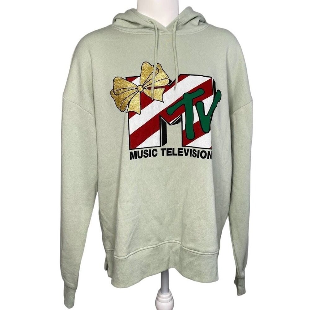 MTV Hoodie Sweatshirt Top Women's XL Green Seasonal Holiday Drawstring NEW